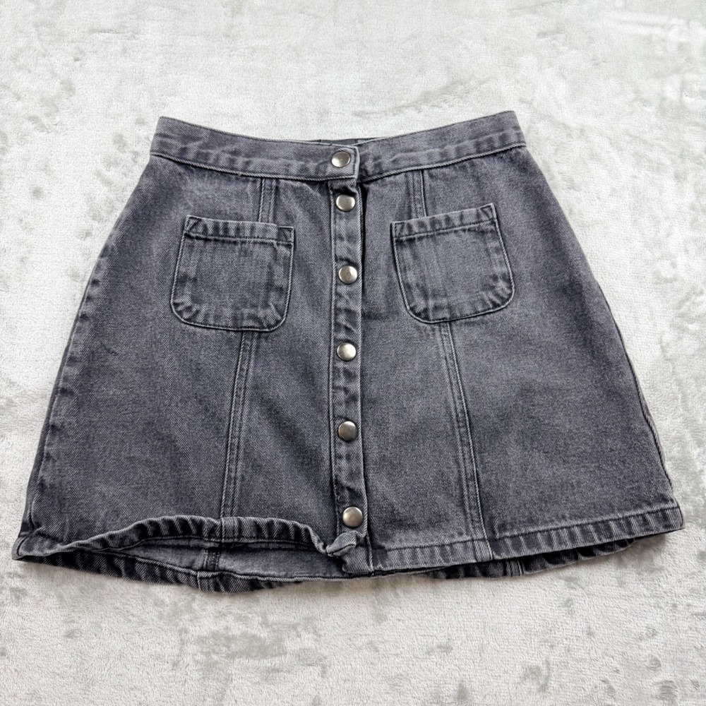 BDG Urban Outfitters Faded Black Denim Button Front Mini Skirt Small Gray Cotton